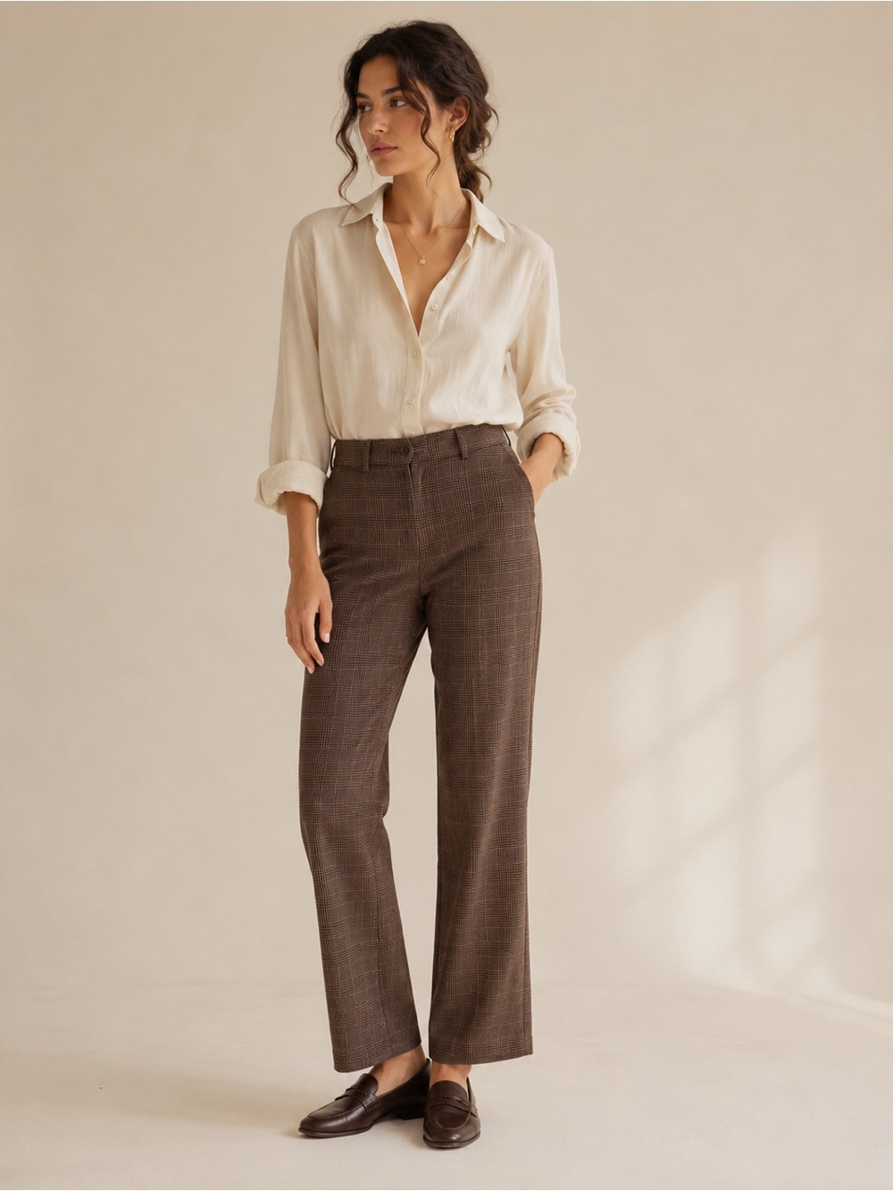 PAIGE Brown Plaid Straight-Leg Mid Rise Preppy Trousers Size 2